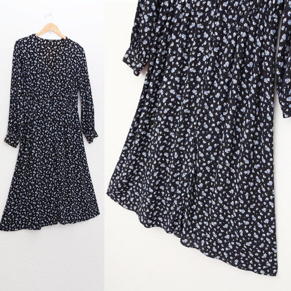 Madewell Long Sleeve Button Front Midi Dress 2 Baby's Breath  Black Blue Floral - Picture 10 of 15